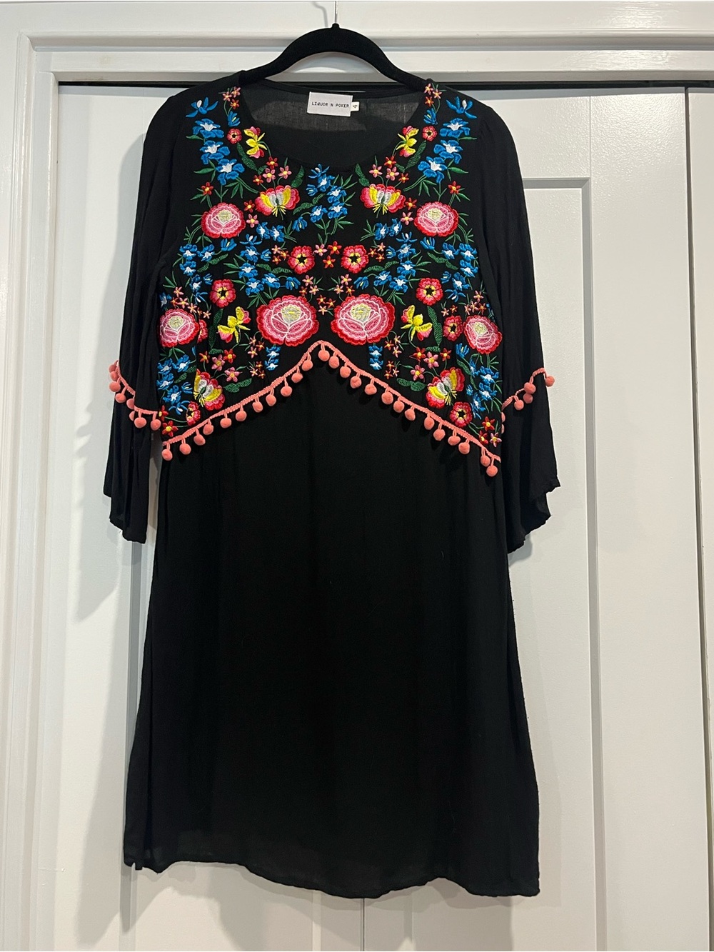 ASOS Liquor N Poker Black Embroidered Floral Pom-Pom Dress